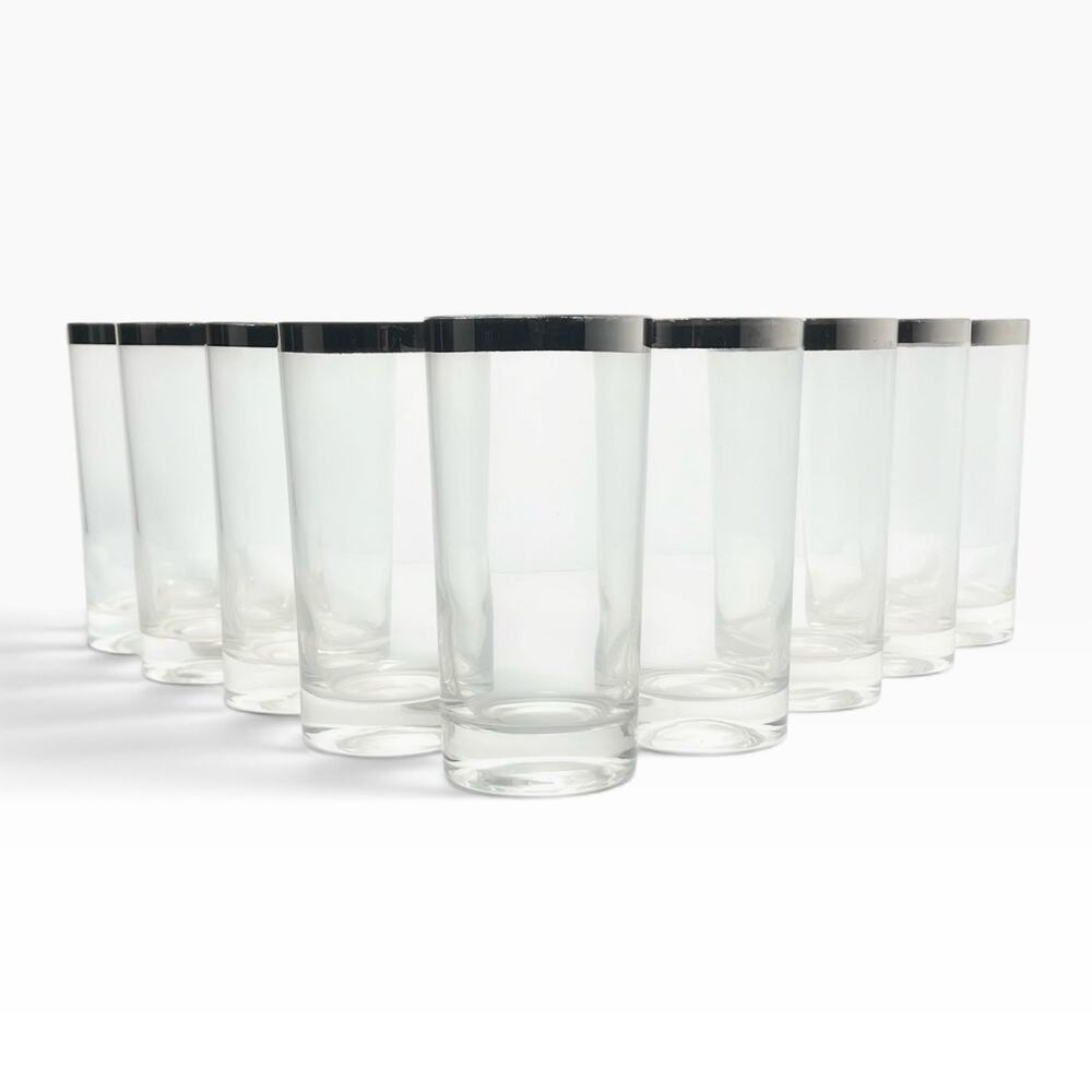 1950s Dorthy Thorpe “Silver Band” Set of 9 Highball Tumbler Glasses 5 5/8” 12oz